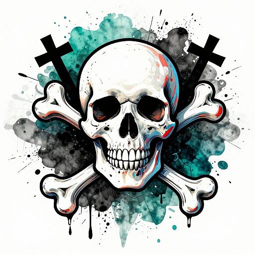 Digital drawing of a skull with hollow eyes, grinning teeth, crossed black X's, and splattered black and teal background with white bones behind it