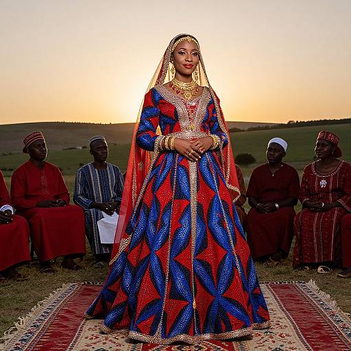 Photograph of a woman in a vibrant, traditional African gown with red, blue, and gold patterns, standing in front of a sunset, surrounded by