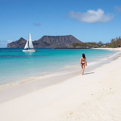 Photograph of a woman in a black bikini walking on a white sandy beach, with a white sailboat near turquoise waters and a mountainous island under