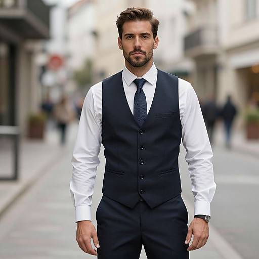 Photograph of a handsome, bearded man with short brown hair, wearing a black vest, white shirt, and dark tie, standing on a blurred