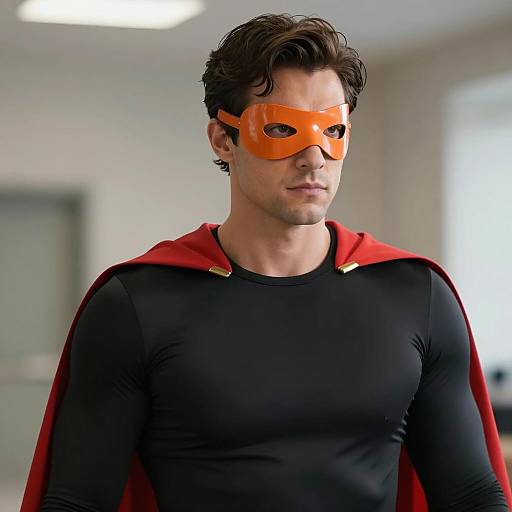 Man in Latex Superhero Costume with Red Cape and Orange Mask