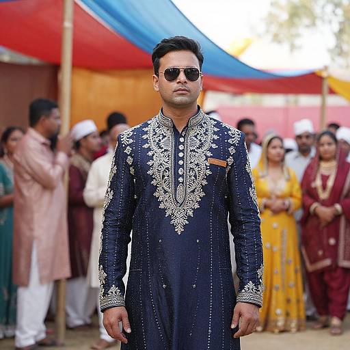 Photograph of a confident South Asian man in a black embroidered sherwani, wearing sunglasses, standing in front of a colorful, outdoor gathering with people