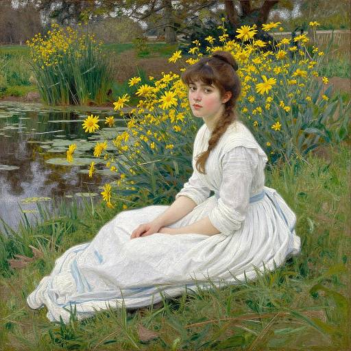 Digital painting of a young woman with fair skin and brown hair in a braid, wearing a white dress, sitting by a pond with yellow flowers,