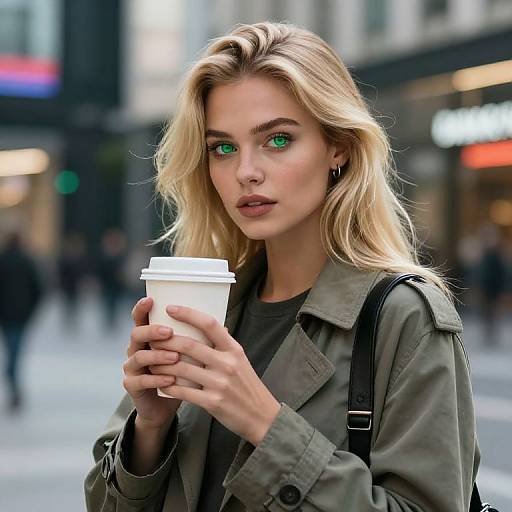 Photograph of a blonde, green-eyed woman with wavy hair, wearing a green jacket, holding a white coffee cup, standing on a busy city