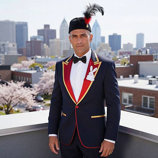Photograph of a middle-aged man in a black tuxedo with red trim, black bow tie, white shirt, and black fez with red