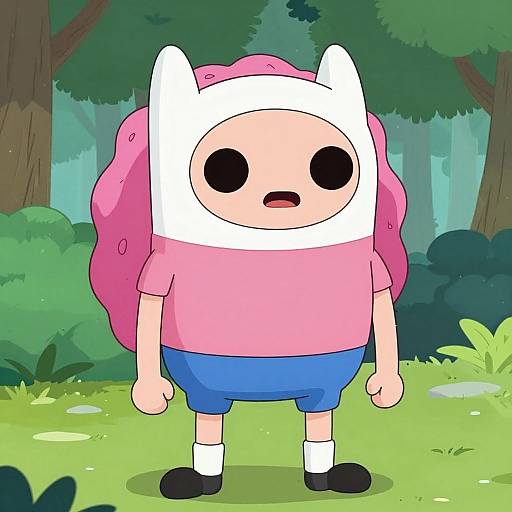 Cartoon of a character with a pink curly wig, white cat-ear hat, pink shirt, blue shorts, standing in a forest.