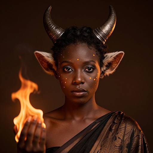Photograph of a dark-skinned woman with large black horns, glowing orange dots on her face, holding a flame, wearing a textured black shawl