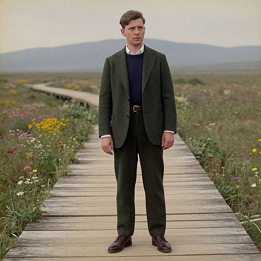 Photograph of a serious, brown-haired man in a dark green tweed suit, white shirt, and dark tie, standing on a wooden path in