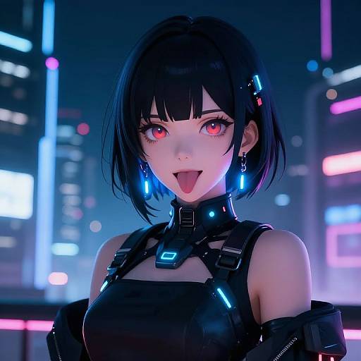 Digital anime-style portrait of a black-haired girl with glowing red eyes, blue neon accessories, and black leather outfit, sticking out her tongue in a futuristic