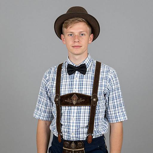 Young Caucasian man with light skin, short brown hair, wearing a black hat, checkered shirt, bow tie, brown leather suspenders, and dark