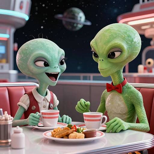 Retro Alien Diner Scene on Space Station