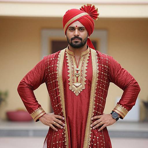 Photograph of a bearded man with dark skin, wearing a red turban, gold-embroidered red traditional outfit, and black watch,