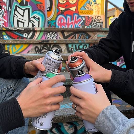 Photograph of three hands holding spray paint cans, toasting in front of colorful urban graffiti on a concrete wall.