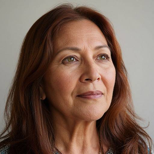 Photograph of a middle-aged woman with fair skin, brown wavy hair, green eyes, and light pink lipstick, looking slightly to the right against