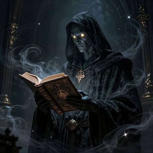 Mysterious, glowing-eyed figure in dark hooded robe reading an ancient book, surrounded by ethereal smoke and stars, in a gothic cathedral.
