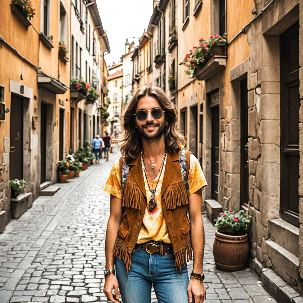 Laid-Back 70s Traveler in Cobblestone Setting