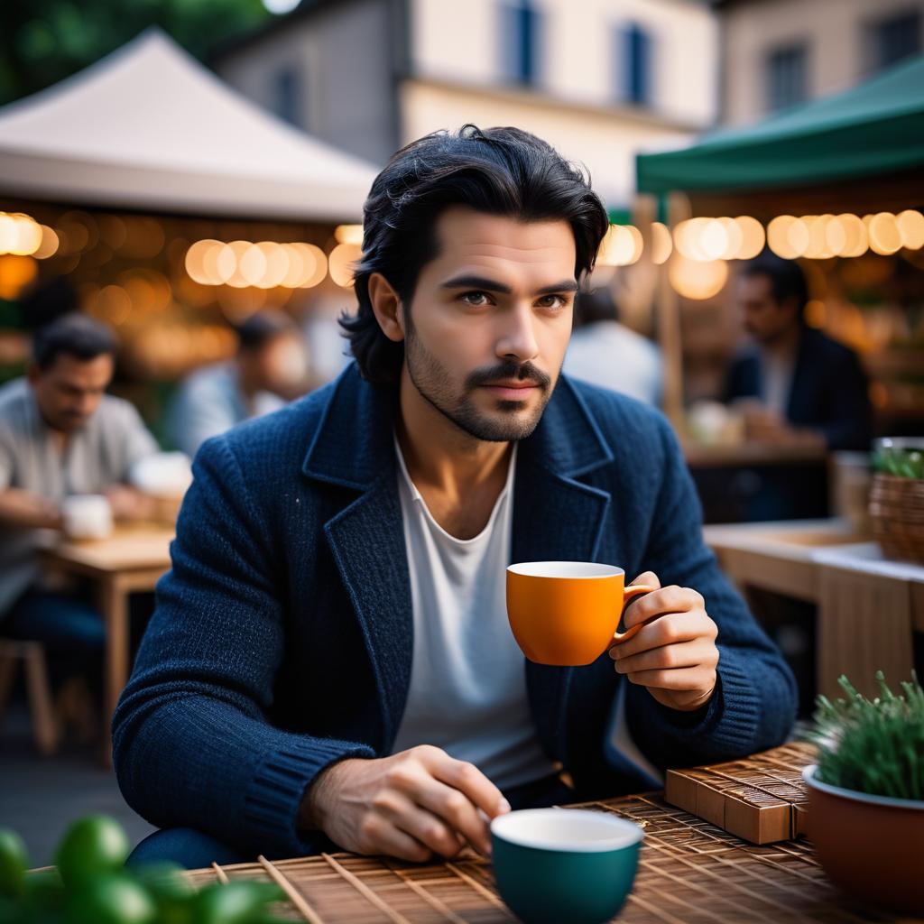 Striking Dark-Haired Man at Market