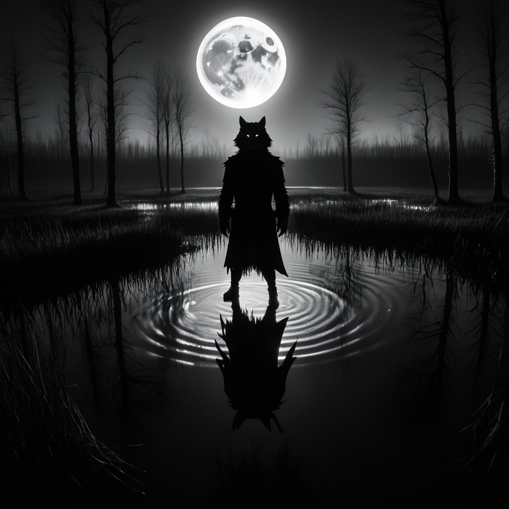 Eerie Wolf-Headed Figure in Moonlit Marsh