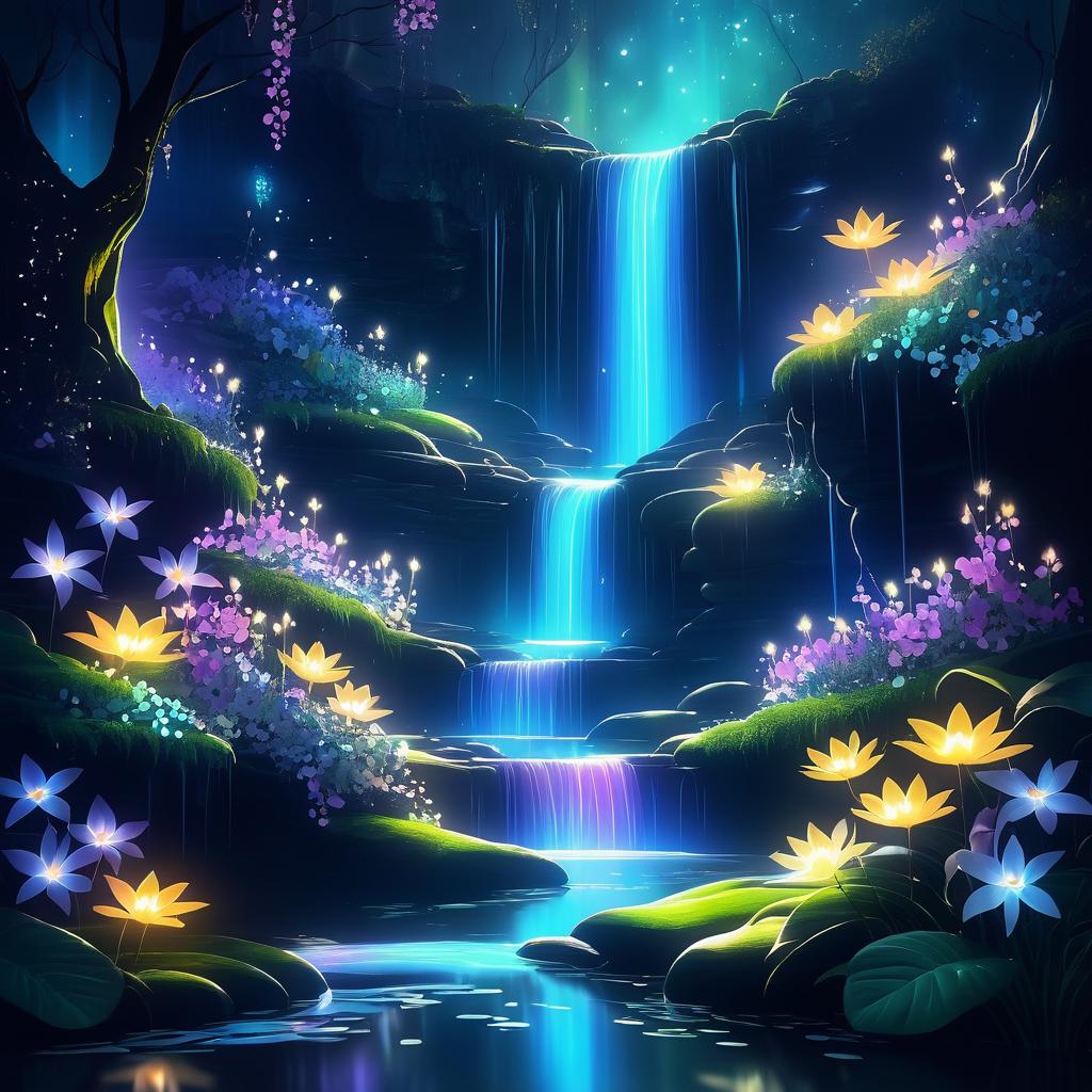 Whimsical Hidden Waterfall with Spirits