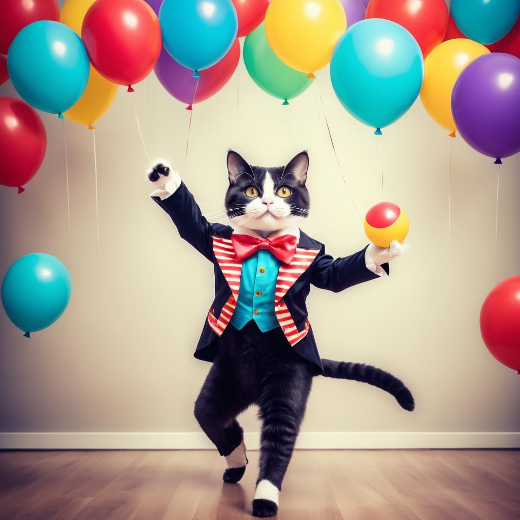 Whimsical Cat Circus Performer Juggling Balloons