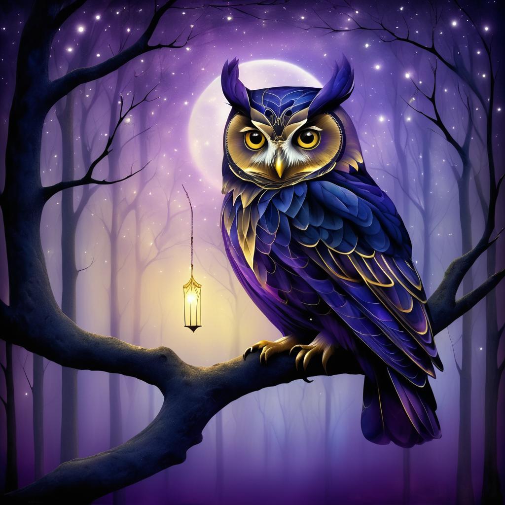 Surreal Twilight Owl on Glowing Branch