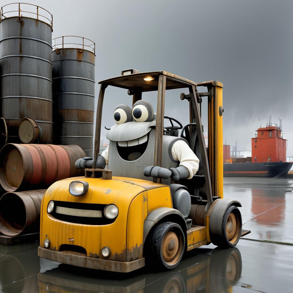 Cheerful Forklift in Stormy Harbor