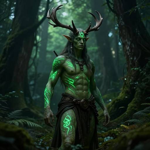 Digital CGI image of a muscular, green-skinned, antlered forest elf with glowing neon green tattoos, wearing a dark loincloth, standing