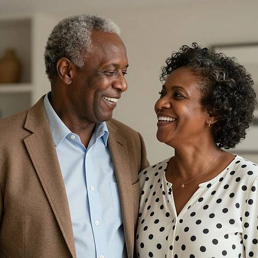 Photograph of smiling, elderly Black couple with curly hair, dressed in brown blazer and blue shirt, and white polka dot blouse.