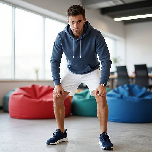 Photograph of a muscular, bearded man with short dark hair, wearing a navy hoodie, white shorts, and blue sneakers, kneeling in a modern