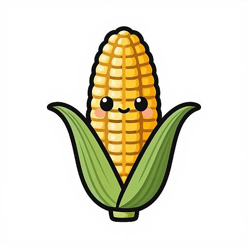 Cute digital illustration of a smiling, yellow corn with green leaves, featuring small black eyes and pink blush marks.