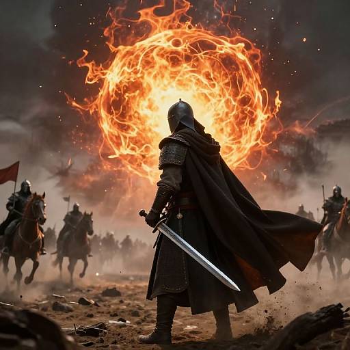 Epic fantasy battle: armored warrior with sword faces blazing fireball, surrounded by mounted soldiers in dark, smoky battlefield. (Photorealistic CGI