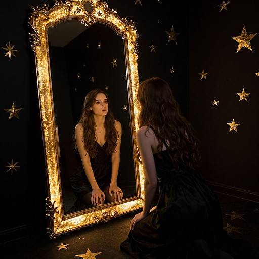 Photograph of a woman with long, wavy brown hair, wearing a black dress, kneeling before an ornate, illuminated gold-framed mirror,