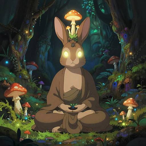 Mystic Hare Meditating in Bioluminescent Cavern