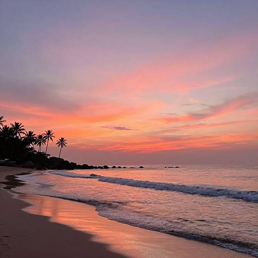 Photograph of a serene beach at sunset, with pink and orange sky, gentle waves, silhouetted palm trees, and reflective wet sand.