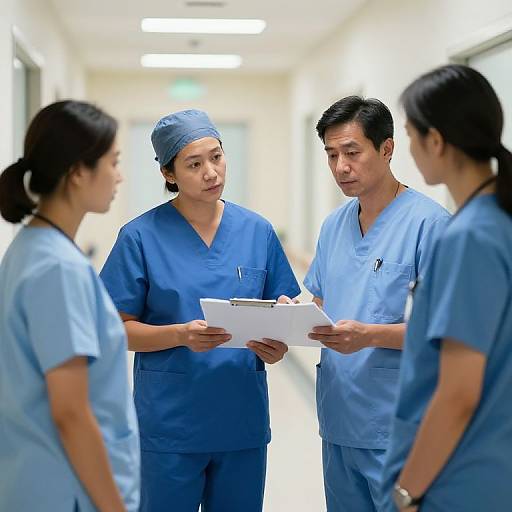 Photograph of three Asian healthcare professionals in blue scrubs and a blue cap, standing in a brightly lit hospital hallway, reviewing a clipboard.