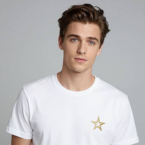 Photograph of a young man with fair skin, blue eyes, and dark brown wavy hair, wearing a white t-shirt with a gold star,