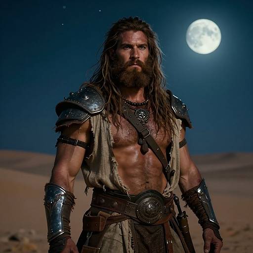 Photograph of a muscular, bearded man with long brown hair, wearing ancient Roman-style armor and loincloth, standing under a full moon in