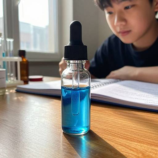 Photograph of an Asian boy with short dark hair, wearing a black shirt, studying at a wooden table with a blue liquid-filled dropper bottle in
