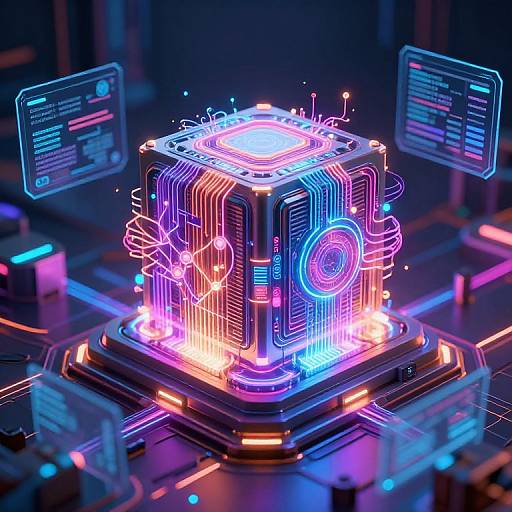 Neon-lit, glowing, futuristic cube with vibrant blue, pink, and purple circuits and holographic interfaces floating around, set on a high-tech