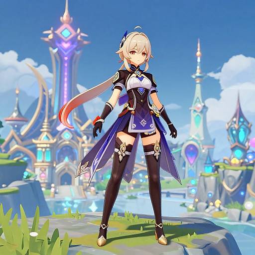 Digital anime-style artwork of a blonde female character with blue and white armor, black thigh-high boots, and a long red-tipped ponytail, standing