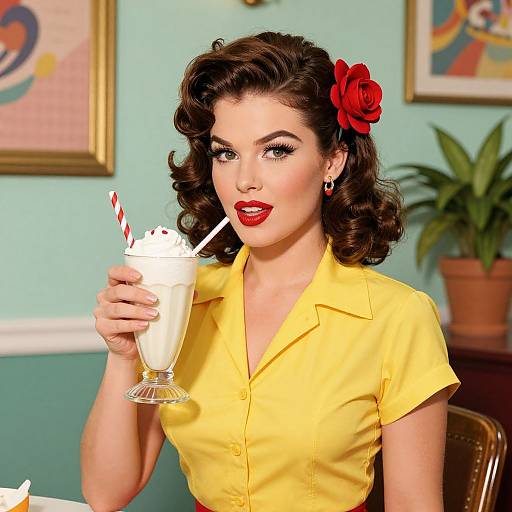 Vintage-style photograph of a fair-skinned woman with red flower in dark brown curly hair, wearing yellow blouse, sipping milkshake with red-striped straw