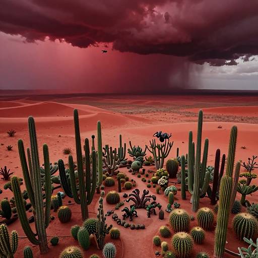 Surreal Crimson Desert with Strange Cacti