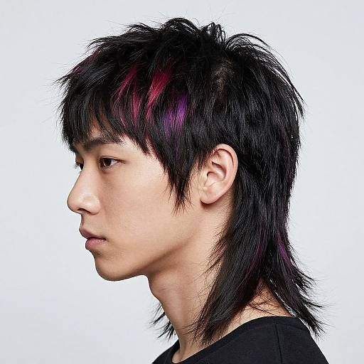 Side profile photograph of an Asian male with black, slightly messy hair featuring purple highlights, wearing a black shirt, against a white background.
