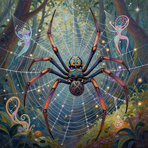 Digital illustration of a colorful, large spider at the center of a glowing web, surrounded by two ethereal, fairy-like creatures in a magical forest with