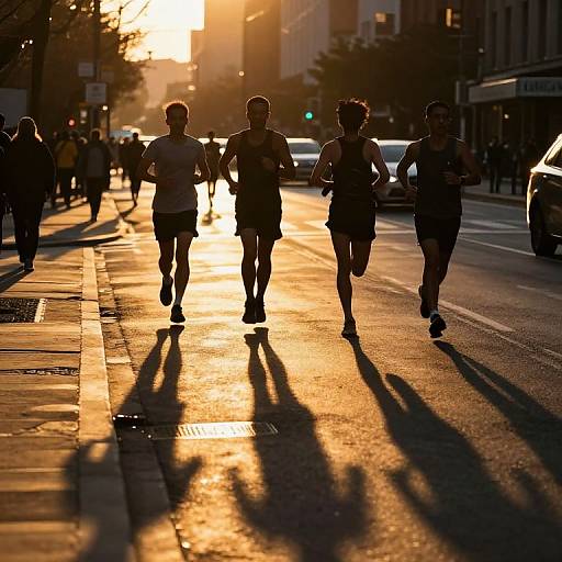 Photograph of four silhouetted runners in street clothes, jogging on a sunlit urban street at sunset, casting long shadows.