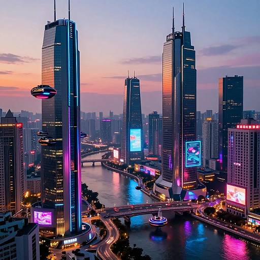 Futuristic Cyberpunk Cityscape at Dusk