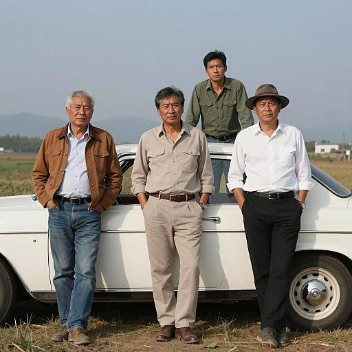 Four Friends with Classic Car in Nature