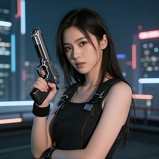 Digital artwork of an Asian woman with long black hair, wearing a black sleeveless top, holding a sleek black handgun in a neon-lit, futuristic