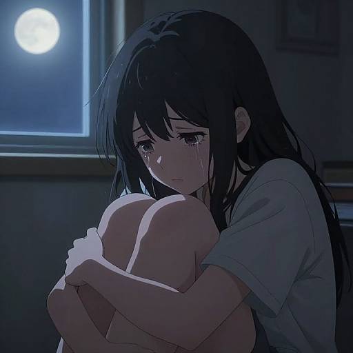 Anime-style digital drawing of a tearful girl with long black hair hugging her knees at night, illuminated by a full moon through a window.