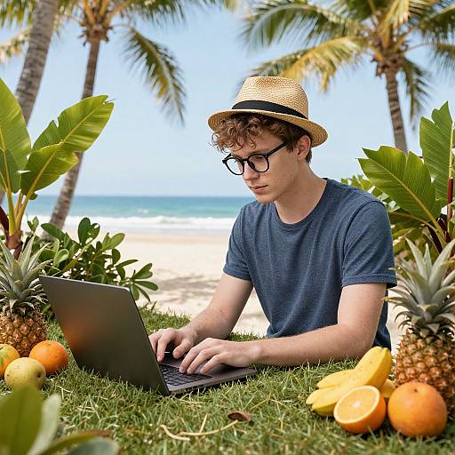 Young Man Working Amid Tropical Fruits